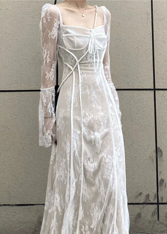 French Black Square Collar Patchwork Lace Long Dress Flare Sleeve