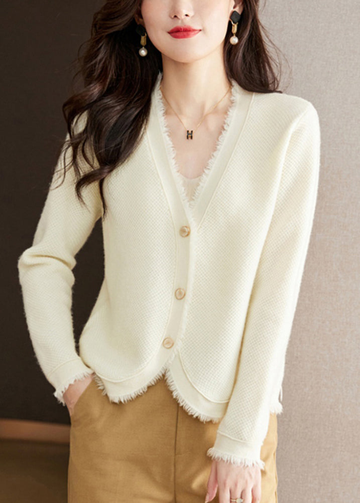 New Beige V Neck Button Wool Knit Cardigan Fall