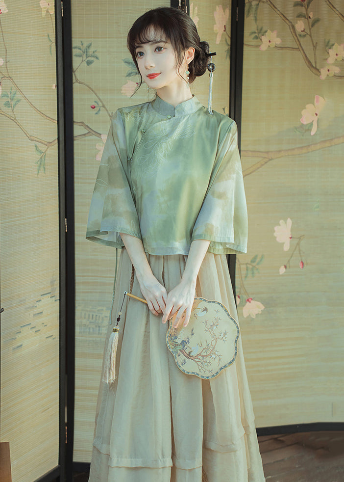 Chinese Style Green Print Tops and Light Khaki Pleated Skirt Chiffon Two Pieces Set Summer