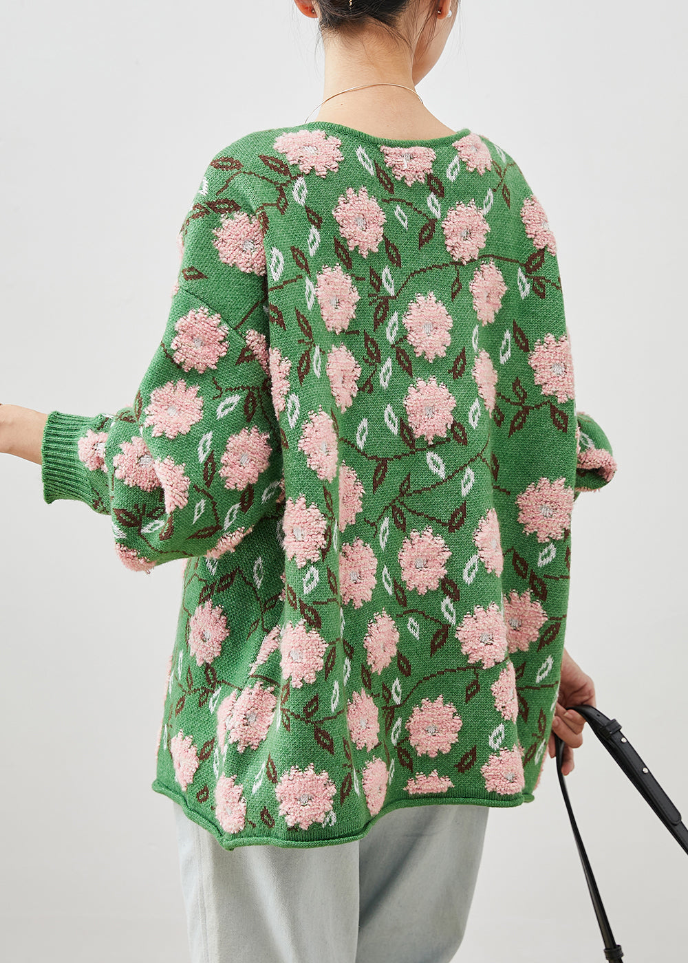 Green Jacquard Cozy Knit Cardigans Oversized Winter