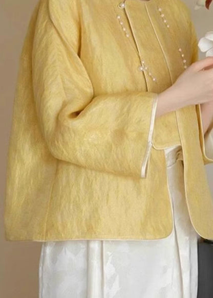 Loose Yellow O-neck Button Silk Coats Spring