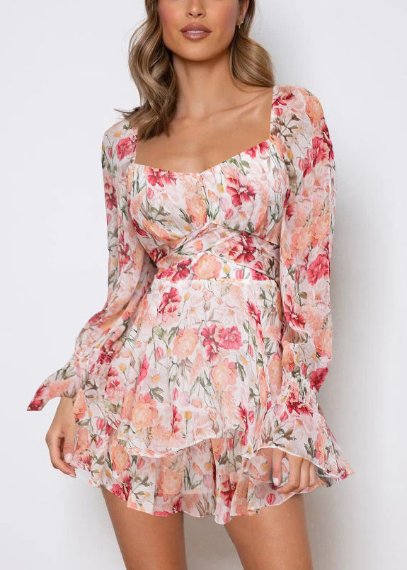 Pink Zippered Print Lace Up Jumpsuit Spring