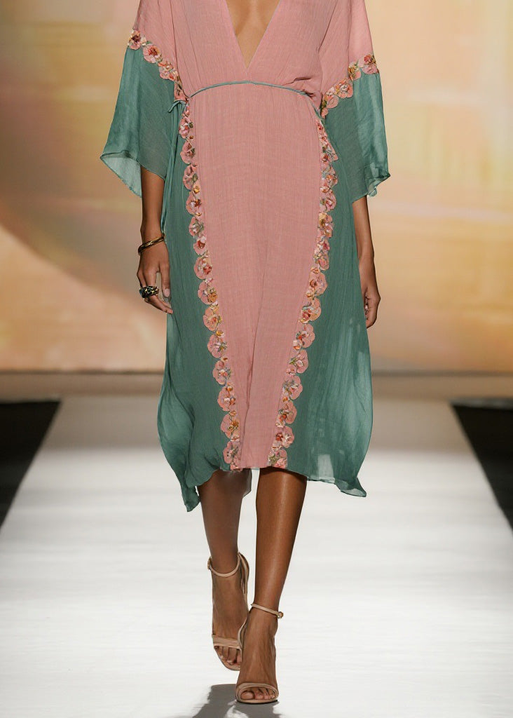 Colorblock V Neck Cotton Dress Summer