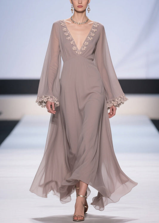 Light Grey Lace High Waist Chiffon Robe Dresses V Neck