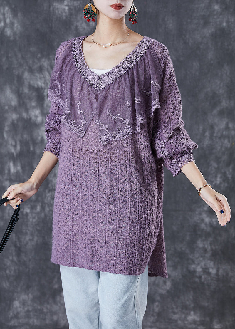 Purple V Neck Patchwork Lace Shirts Fall