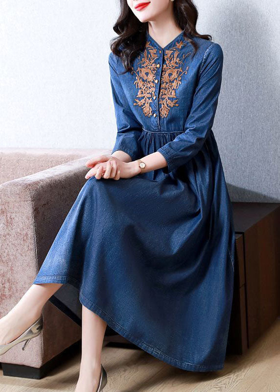 Blue Embroideried Exra Large Hem Cotton Denim Dress Bracelet Sleeve
