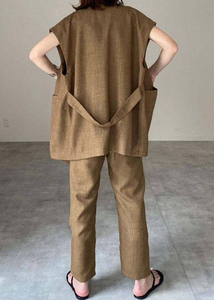 Khaki O-neck Patchwork Vest and Pants Linen Two Pieces Set Spring