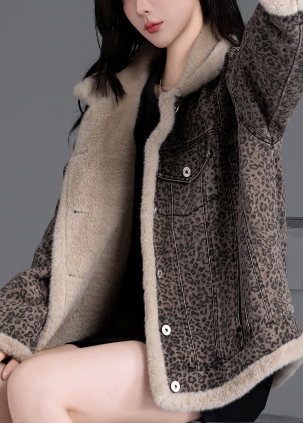 Brown Oversized Leopard Print Warm Fleece Jacket Winter