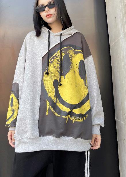 Diy Hooded Patchwork Spring Clothes for Shirts Gray Print Tops