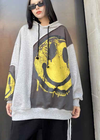 Diy Hooded Patchwork Spring Clothes for Shirts Gray Print Tops