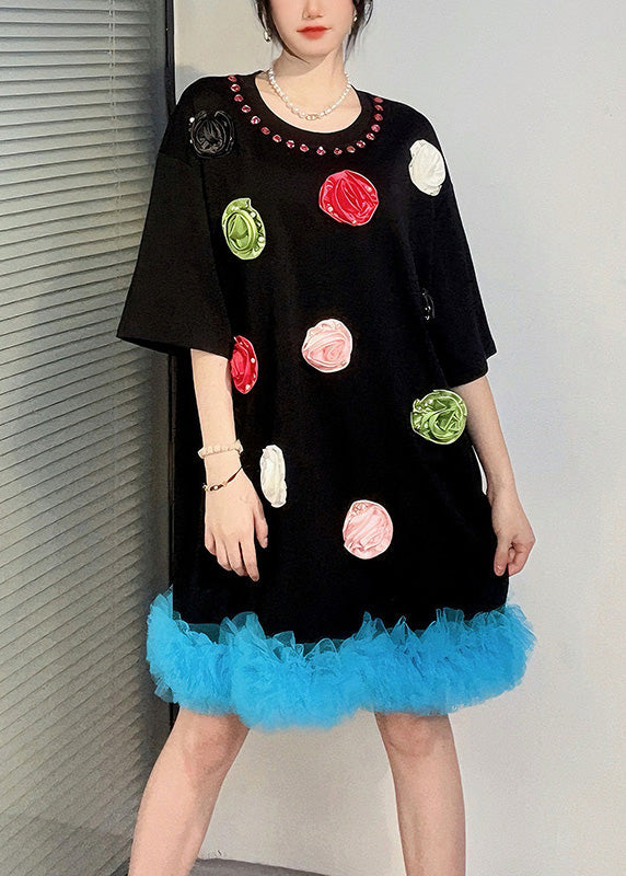 Black Patchwork Cotton T Shirts Dress Ruffled Summer