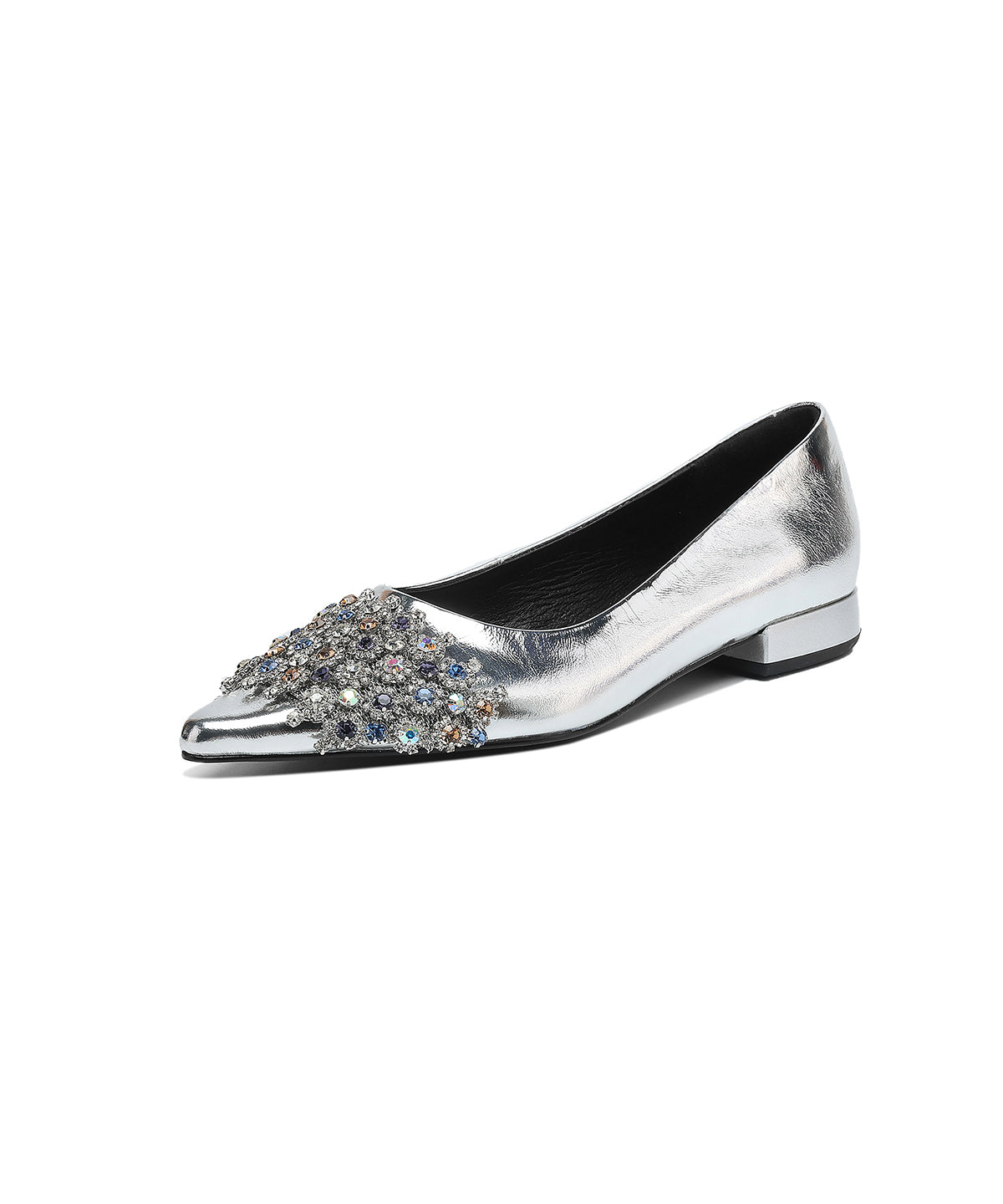 Black Suede Unique Splicing Flats Pointed Toe Zircon