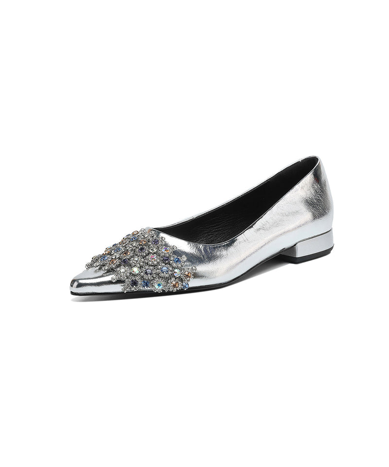 Black Suede Unique Splicing Flats Pointed Toe Zircon