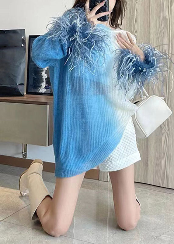 French Gradient Color Blue O-neck Cozy Thin Cotton Knit Sweater Long Sleeve