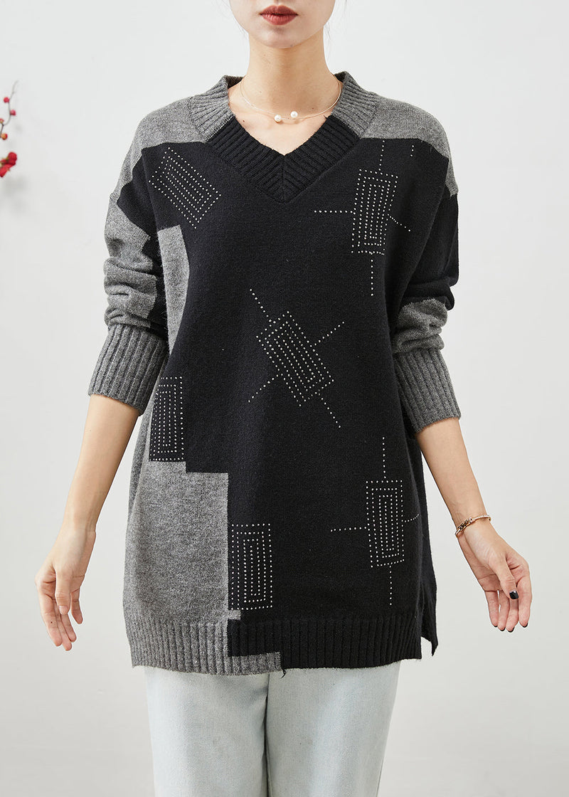 Colorblock V Neck Patchwork Thick Knitted Tops Winter