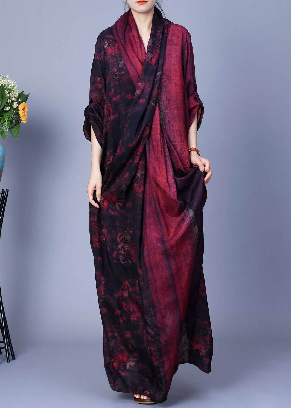 Red Asymmetrical Back Side Open Silk Cotton Dress Fall