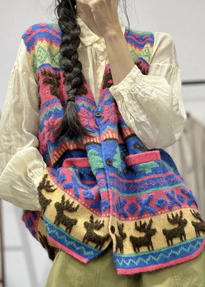 Modern Red V Neck Animal Button Cotton Knit Waistcoat Fall