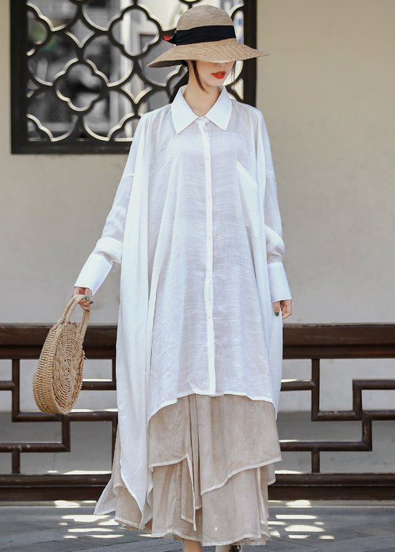 White Asymmetrical Design Peter Pan Collar Linen Long Shirt Long Sleeve