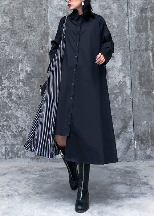 Black Asymmetrical Striped Patchwork Shirt Dresses Spring