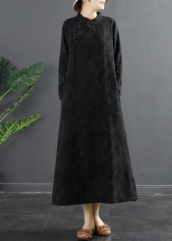 Handmade Stand Collar Quilting Dresses Shape Black Jacquard Traveling Dress