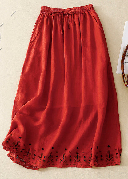 Green Embroidered Linen a Line Skirt Summer