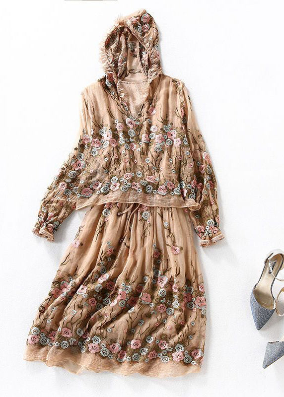 Boutique Beige Hooded Printing Patchwork Silk Fake Two Piece Dresses Spring