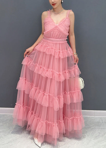 Pink V Neck Ruffled Tulle Spaghetti Strap Dress Sleeveless