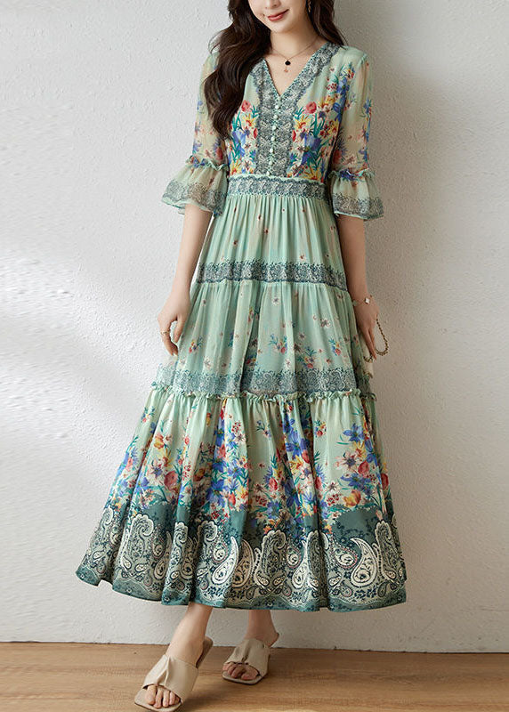 Light Green V Neck Wrinkled Patchwork Print Silk Dresses Summer