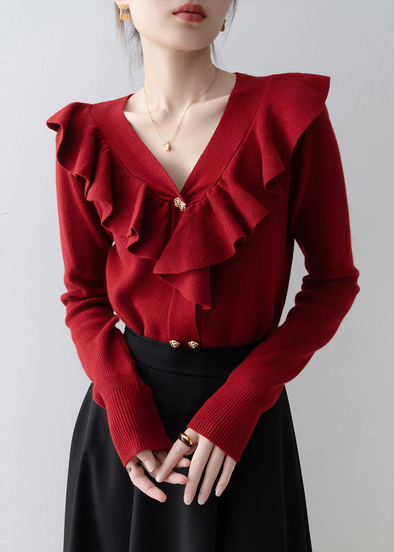 Style Red V Neck Ruffled Knit Shirts Spring