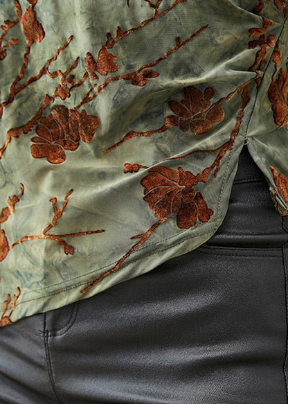 Green Jacquard Asymmetrical Silm Fit Velour Blouses Spring