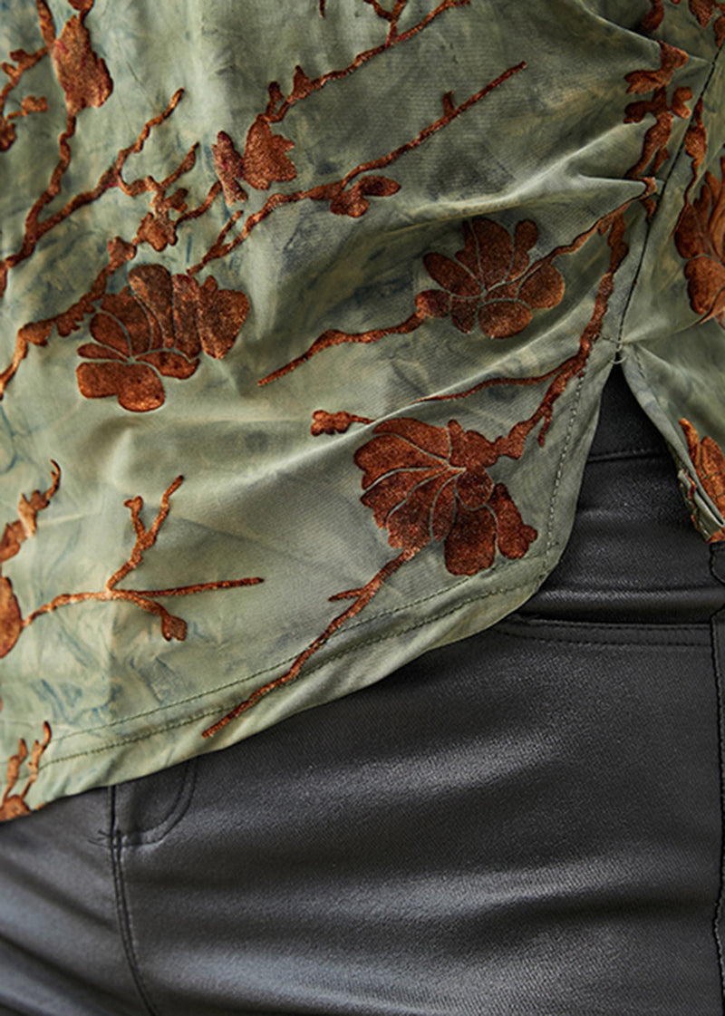 Green Jacquard Asymmetrical Silm Fit Velour Blouses Spring