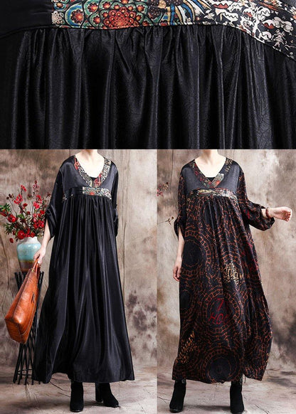 Natural Black Oversize Caftans Gown V Neck Patchwork Baggy Dress