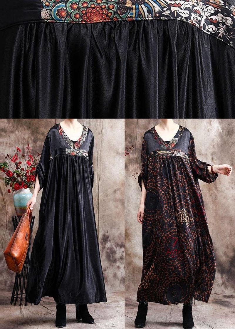 Natural Black Oversize Caftans Gown V Neck Patchwork Baggy Dress
