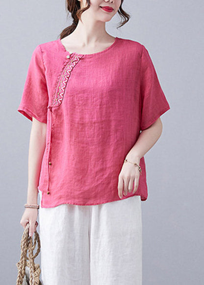Simple Rose O-neck Asymmetrical Design Embroideried Top Short Sleeve