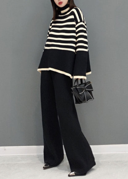 Black Turtle Neck Striped Knit Two Piece Suit Set Spring