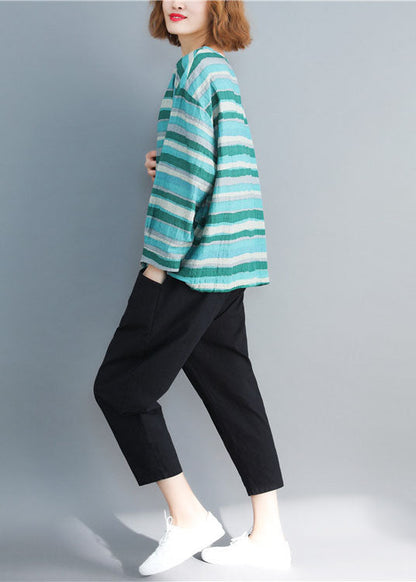 Art Blue O Neck Striped Print Cotton Blouse Top Spring