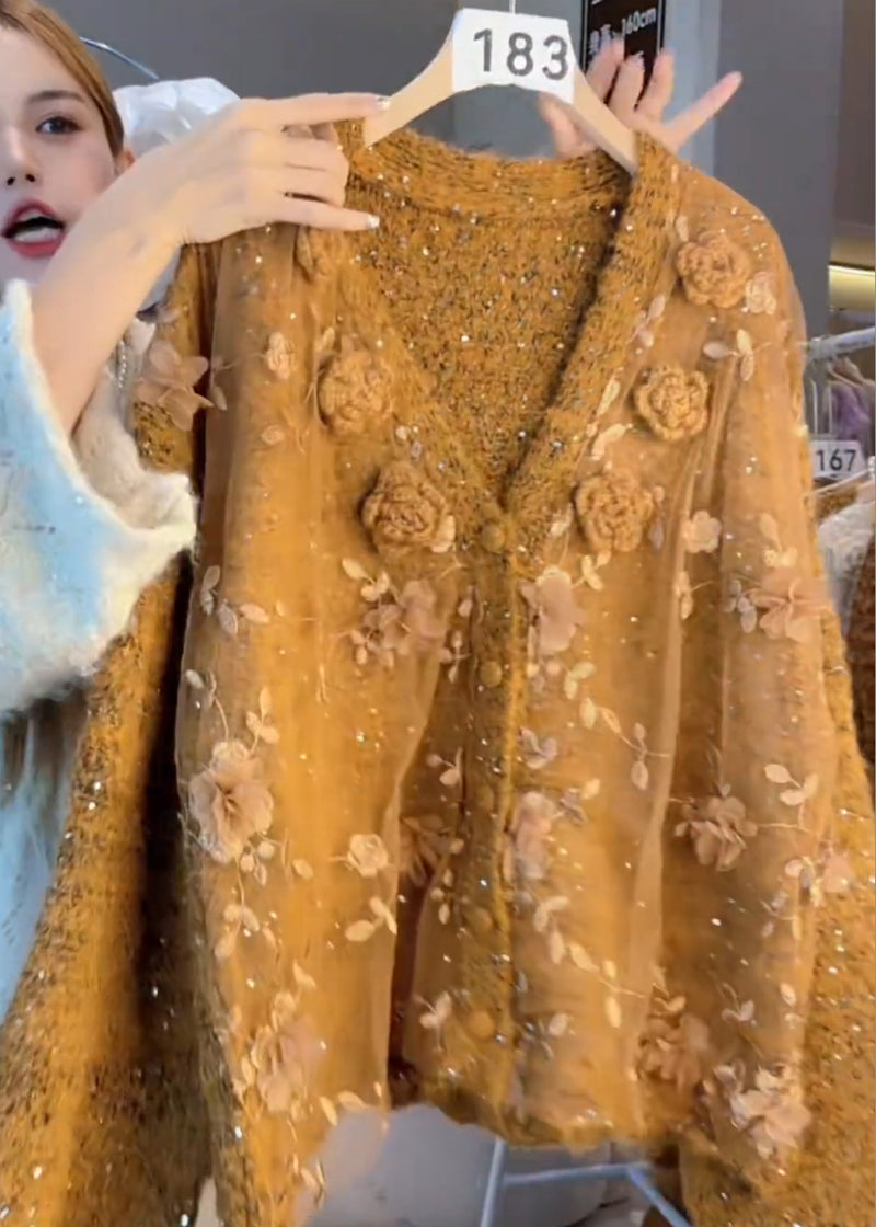 Caramel Oversized Decorated Knit Cardigan Winter