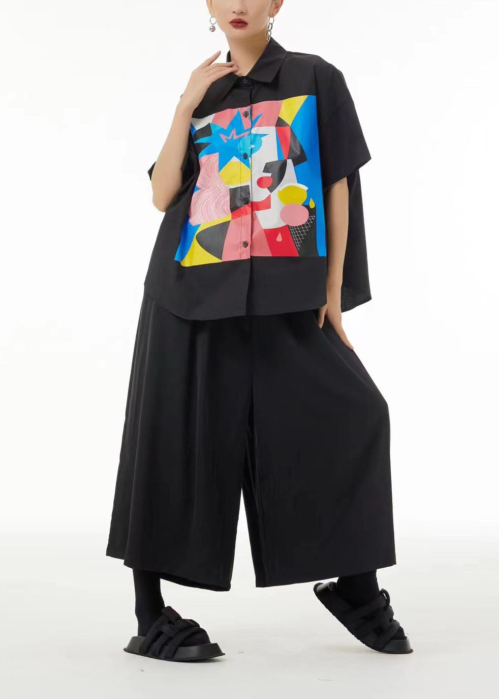 Black Oversized Print Cotton Shirt Summer