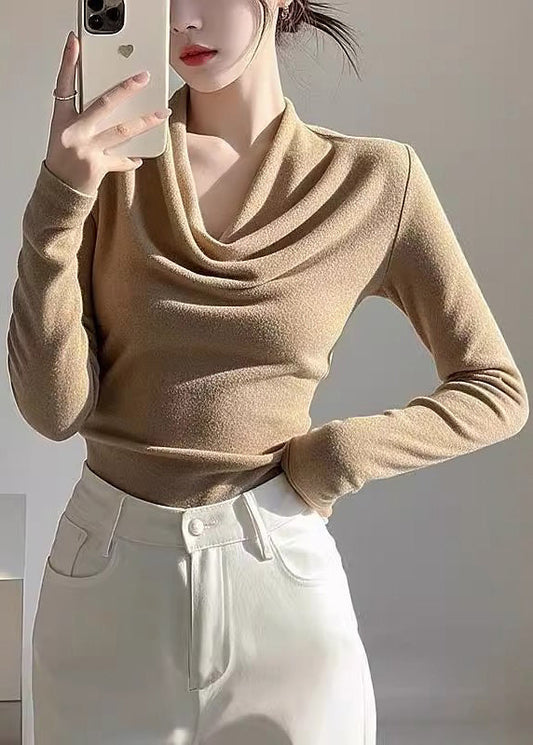 Khaki Turtle Neck Woolen Knit Top Spring