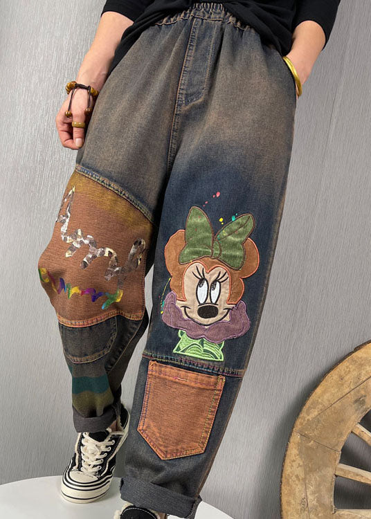 Stylish Blue Embroideried Patchwork Denim Pants Spring