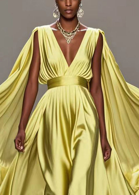 Fitted Yellow Cinched Exra Large Hem Silk Ankle Dress Summer