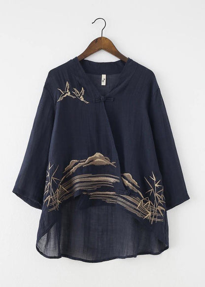 Birds Over the Clouds-navy Low High Linen Outfit Summer Shirt & Pants Two Pieces Set