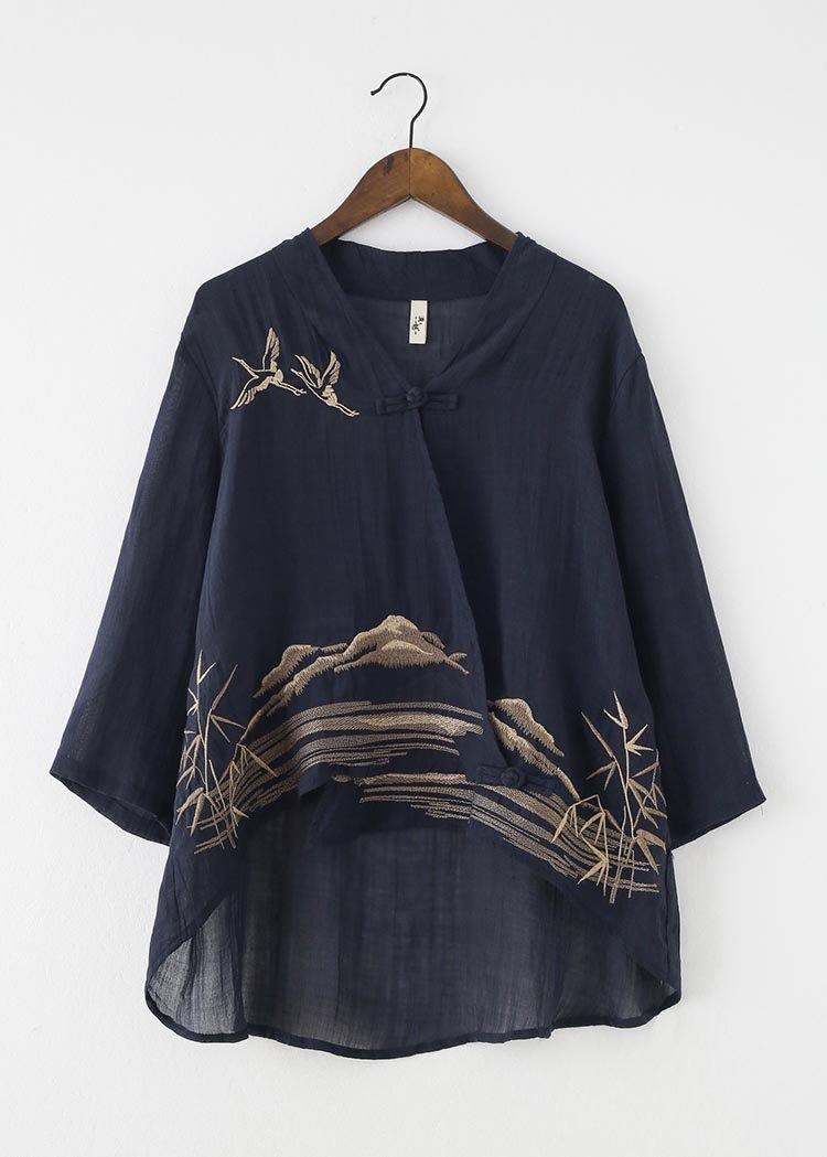 Birds Over the Clouds-navy Low High Linen Outfit Summer Shirt & Pants Two Pieces Set