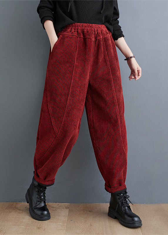 Red Pockets Elastic Waist Corduroy Warm Fleece Pants Winter