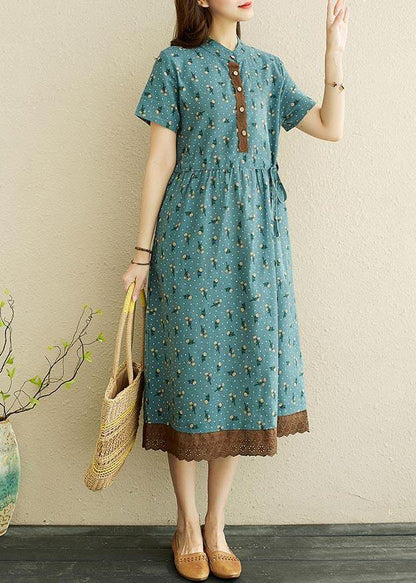 Unique Blue Print Tie Waist Long Summer Cotton Dress