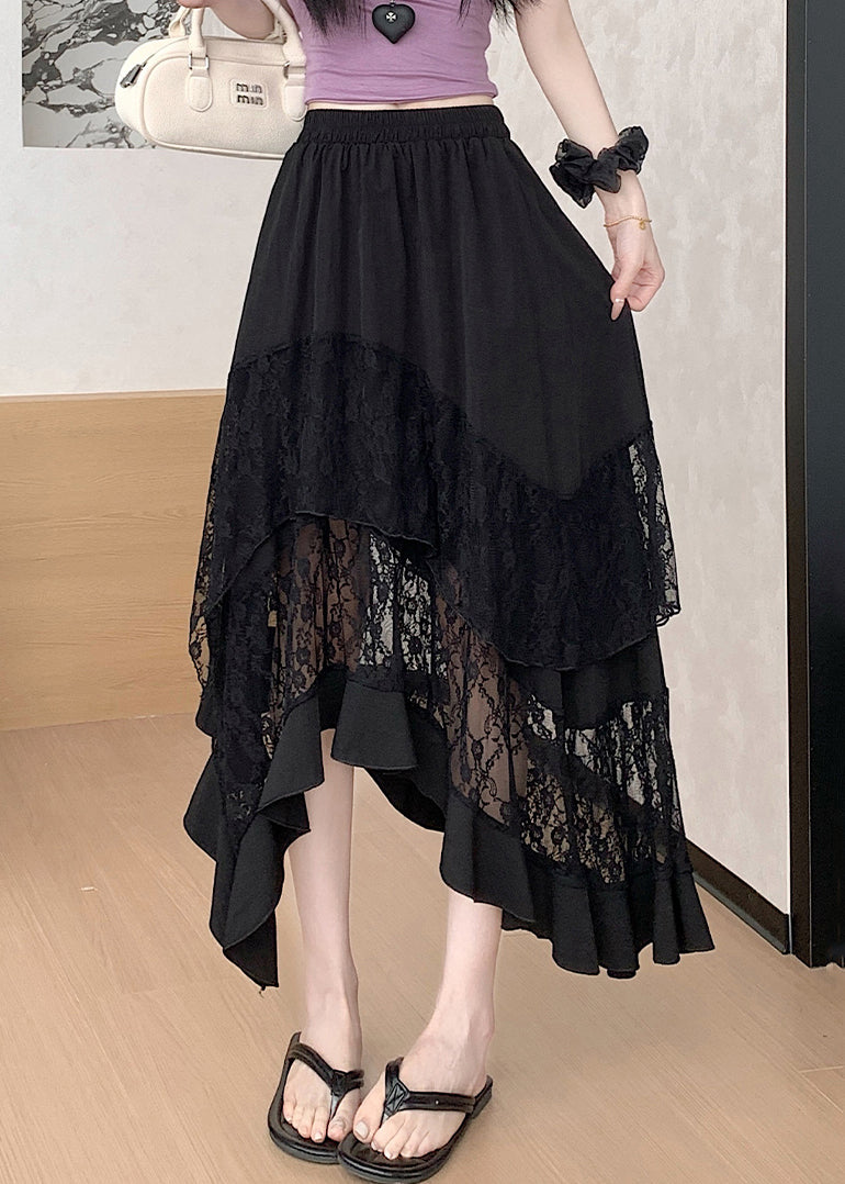Black Asymmetrical Lace Patchwork Cotton Skirts
