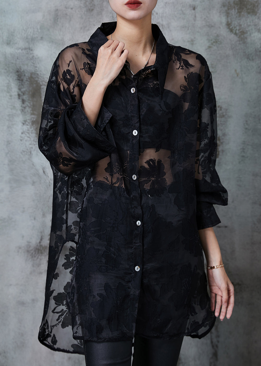 Black Oversized Jacquard Tulle Upf 50+ Shirt Summer