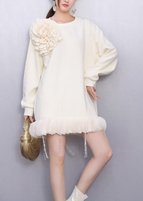 White Decorated Cotton Day Dress Tasseled Spring