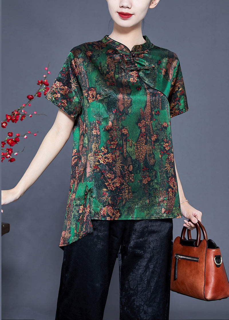 Green Print Asymmetrical Design Silk Oriental Two-piece Set Summer