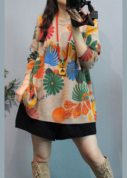 Apricot O-neck Print Fall Knit Cardigans